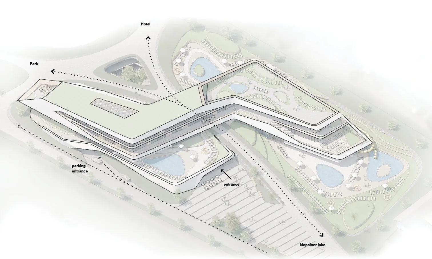 Axonometric diagram of the spa showing its zones