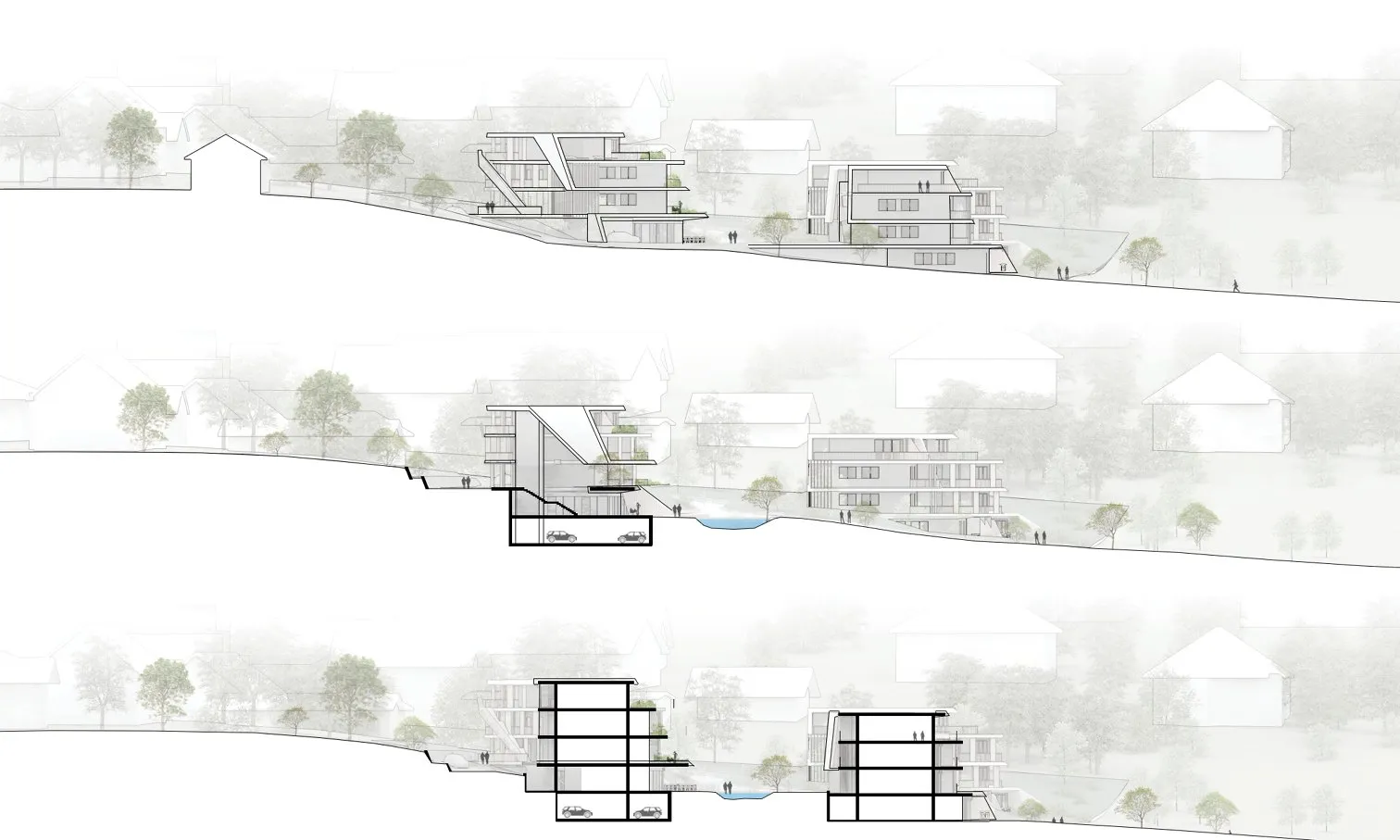 Sections and axonometric of the apartment hotel