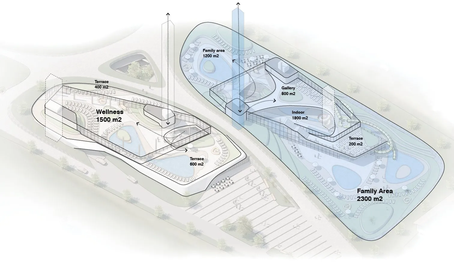 Axonometric diagram of the family and wellness areas