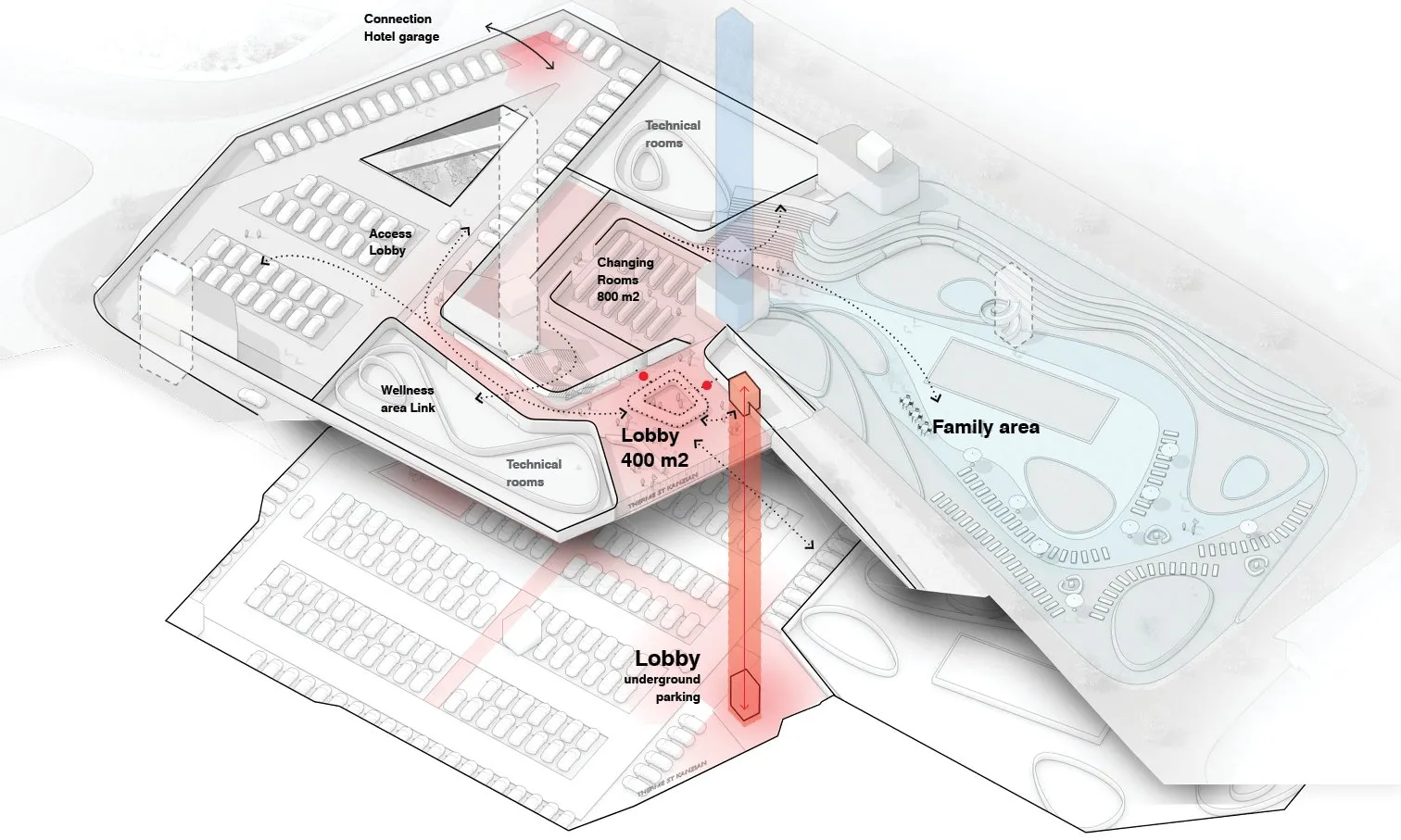 Axonometric diagram of the lobby and underground parking