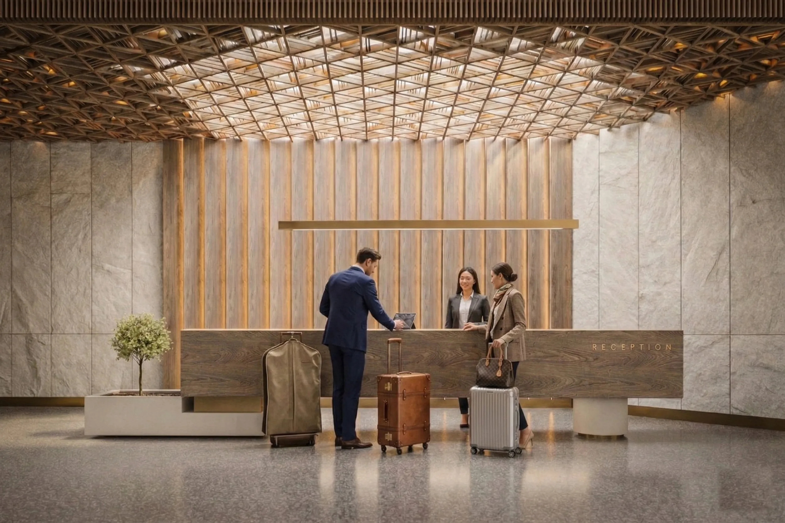 Rezeption des Hotels unter der gewebten Holzdecke