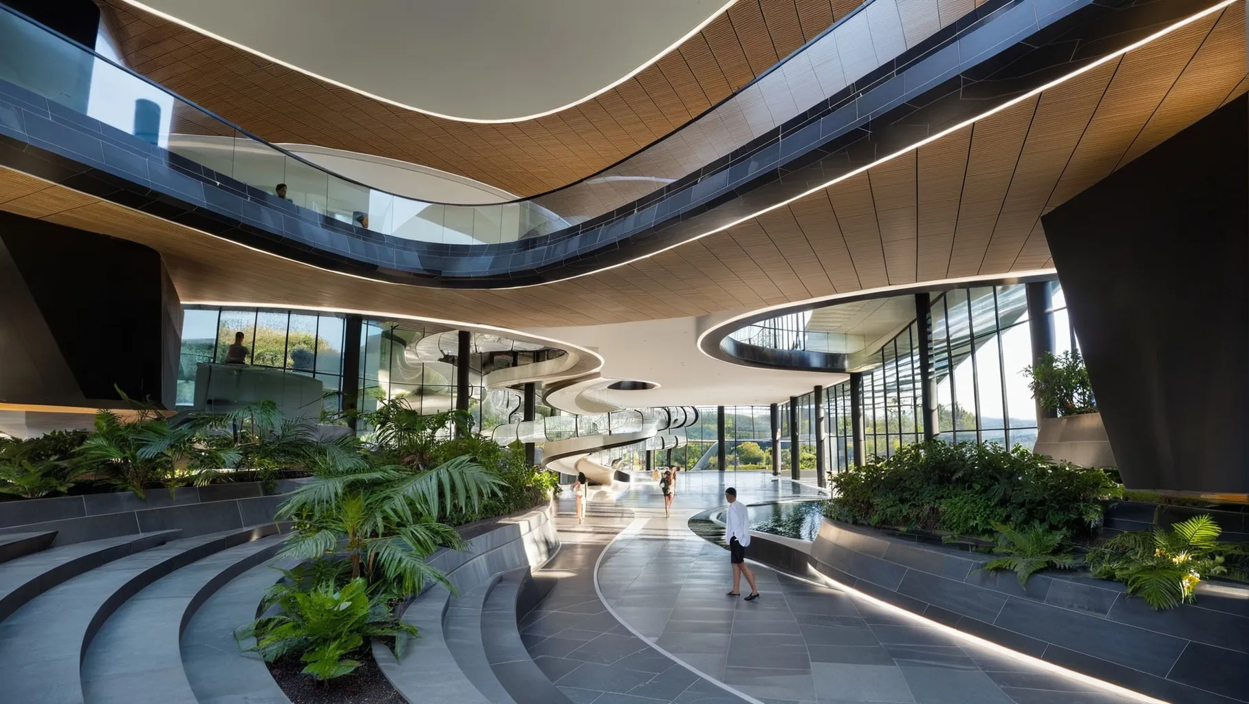 Begrüntes Atrium der Therme mit geschwungenen Stufen und Galerien