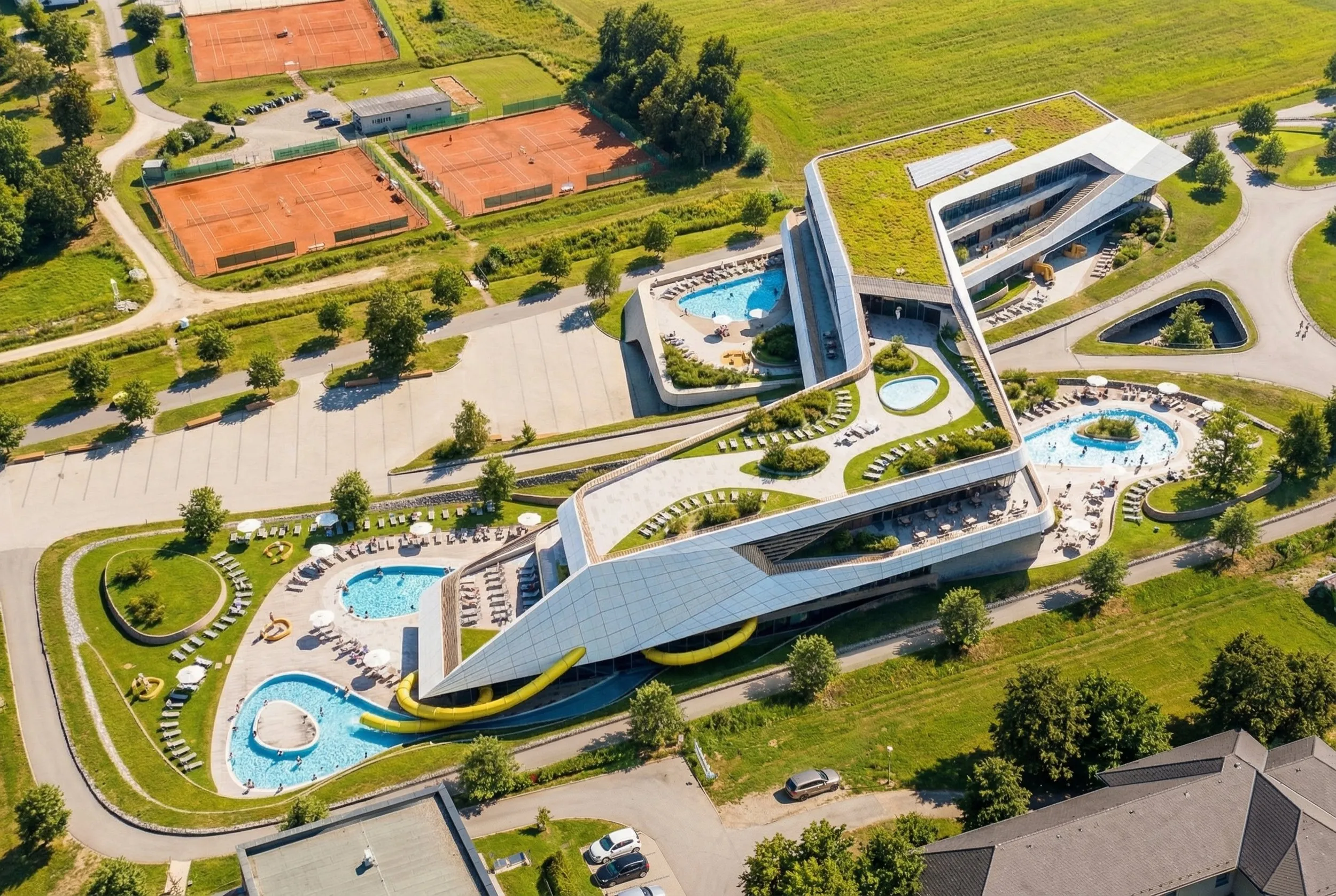 Aerial view of Therme St. Kanzian integrated into the landscape
