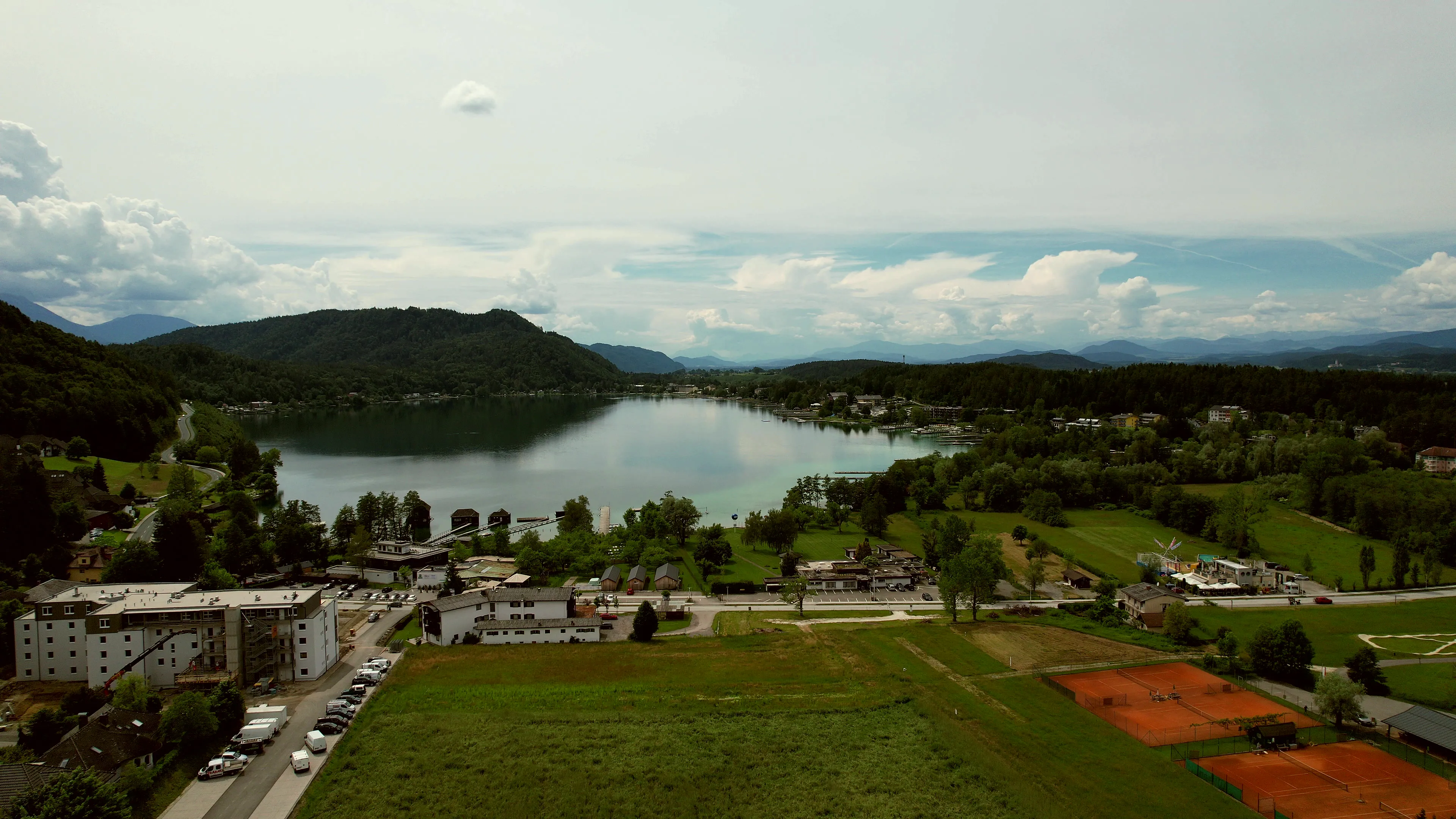 Aerial view of St. Kanzian with the village, fields and Klopeiner See